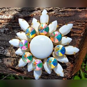 Vintage milk glass and iridescent brooch